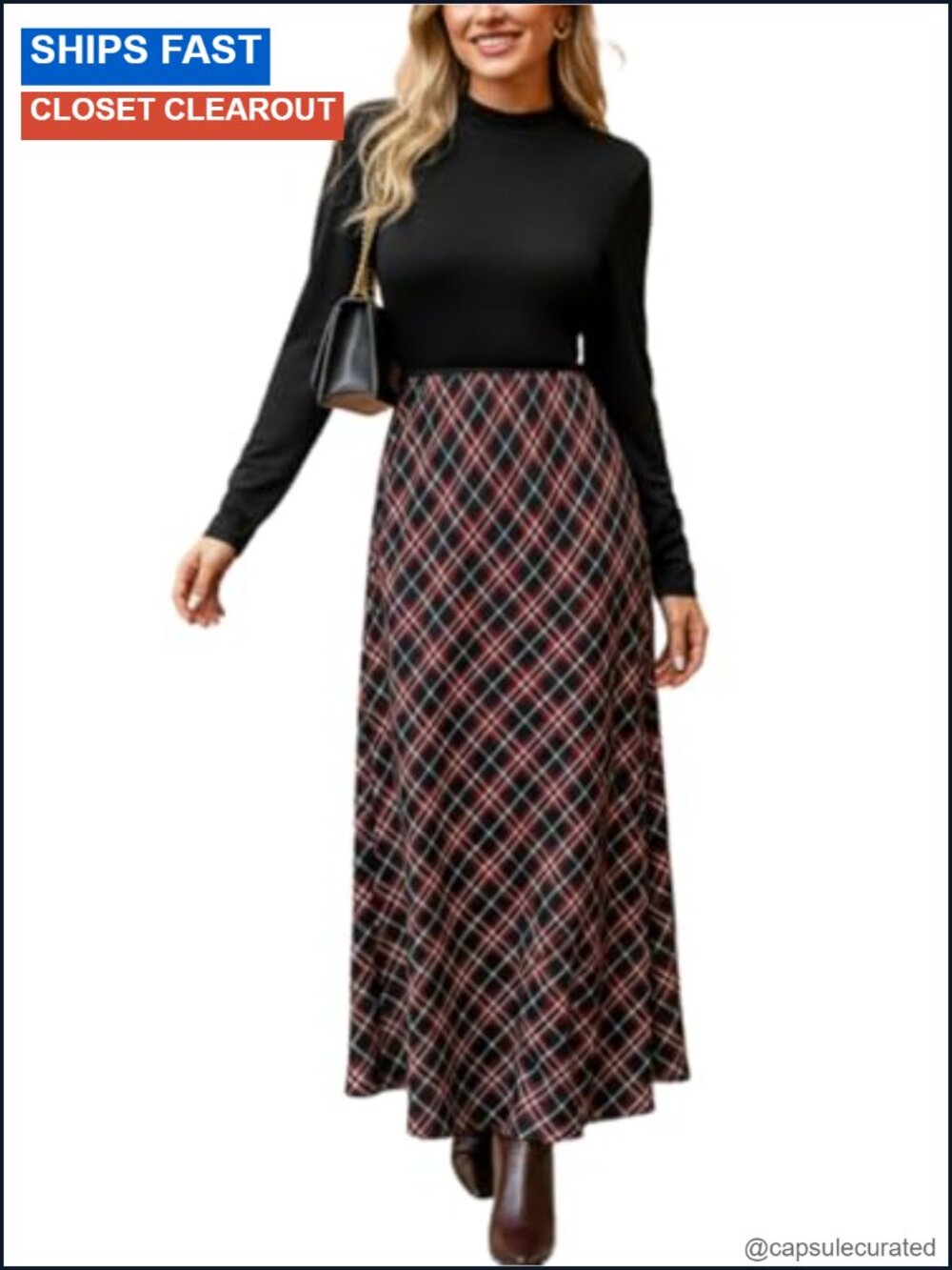Plaid Mock Neck Long Sleeve High Waist A Line Maxi Dress